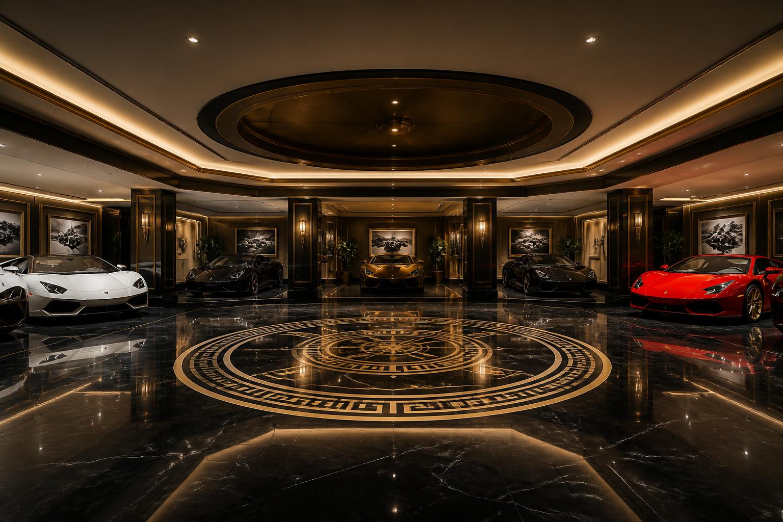 Private luxury residential garage with hypercar collection on hand-finished floor